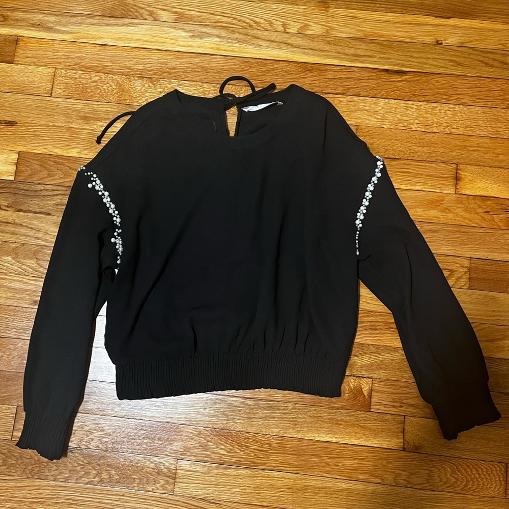 Zara black blouse with pearl embellishments on shoulder
